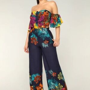 Fashion Nova Tropical Off-Shoulder Jumpsuit - Multicolor